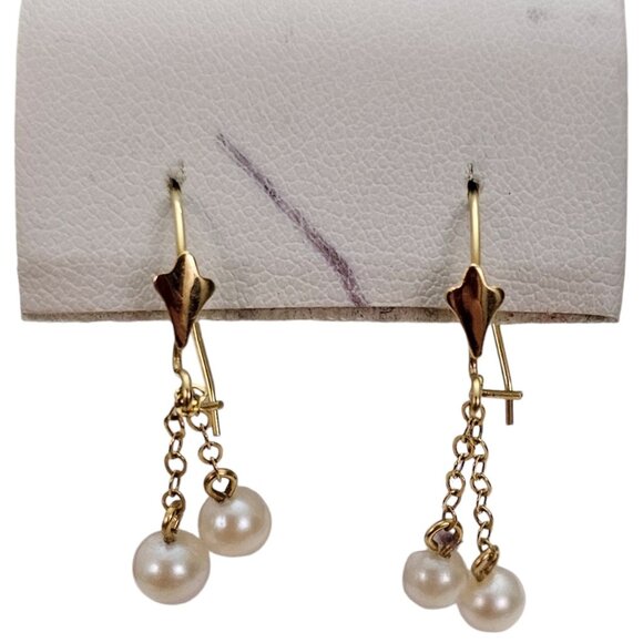 14K Yellow Gold Chain Pearl Charm Dangle Hook Earrings L385